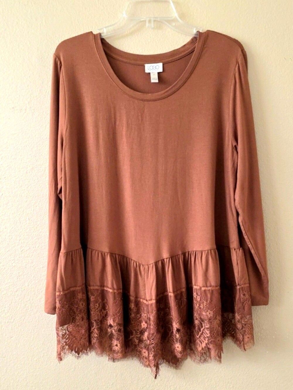 LOGO by Lori Goldstein Petite Brown Rayon Lace Trim Top - Size LP